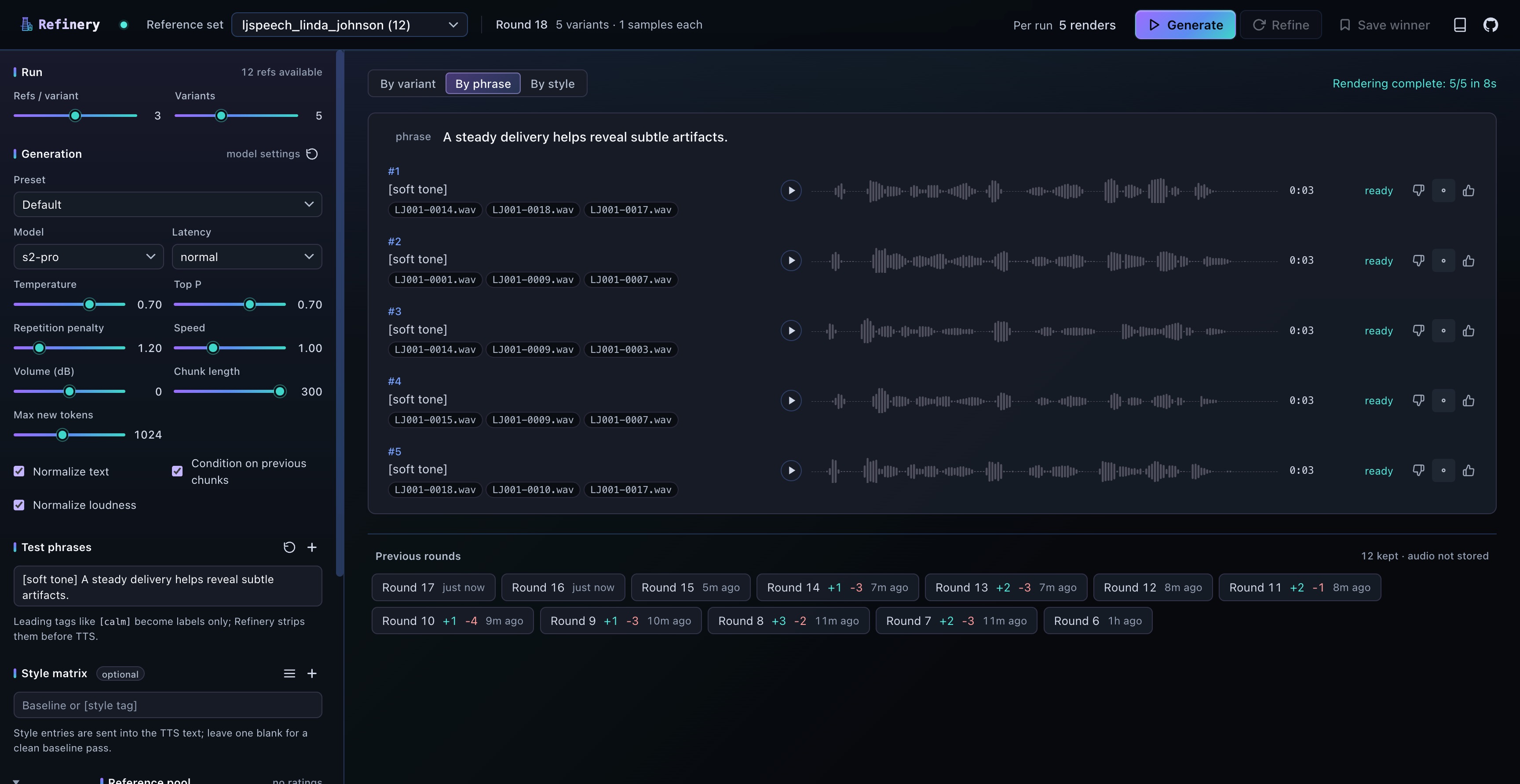 Refinery interface comparing generated voice-cloning variants with reference controls, model settings, waveform previews, ratings, and previous rounds.